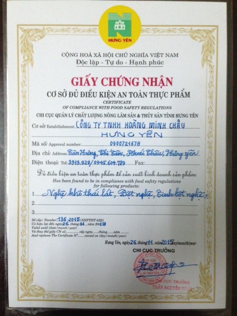 giấy chứng nhận VSATTP - nghệ Hoàng Minh Châu Hưng Yên